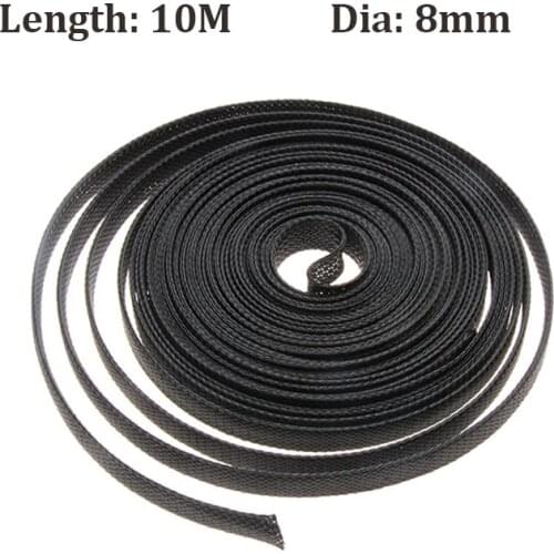 10M Insulation Braided Sleeve 8mm Black Tight PET Cable Sleeve Wire Gland Protection Insulated Expandable Braided Cable Sleeves