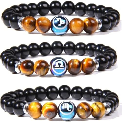 12 Zodiac Bracelet Natural Tiger Eye Stone Couples Lovers Friendship Charm Bracelets Men Women Buddha Yoga Jewelry Elasticity