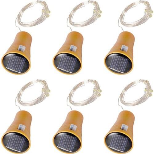 6 Pack Solar Powered Wine Bottle Lights, 10 LED Waterproof Cool White Copper Cork Shaped Lights for Wedding Christmas, Outdoor
