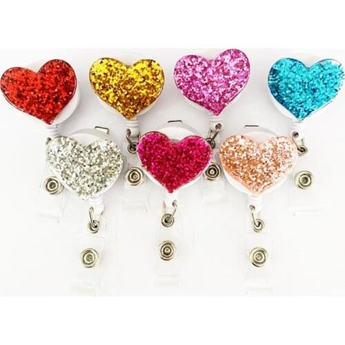 Sequins Love Heart Nurses Badge Reel Badge Holder Clip Retractable ID Badge Holder with 360 Rotating Alligator Clip Name Holder