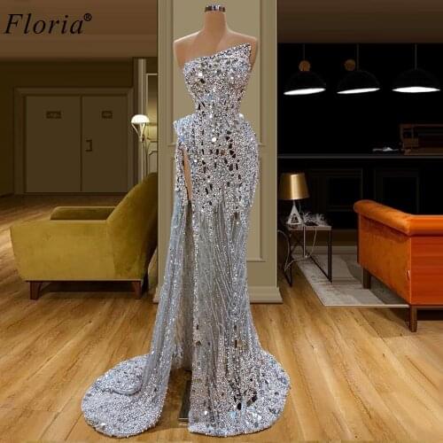 Shiny Pearls Long Cocktail Dresses 2020 Mermaid Strapless Crystals Prom Dresses Woman Party Night Formal Evening Gowns High Cut