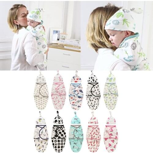 Newborn Baby Swaddle Cap Set Cotton Sleeping Bag Antistartle Blanket Cartoon Receiving Blanket Cute 0-6 Month Newborn Baby Wrap