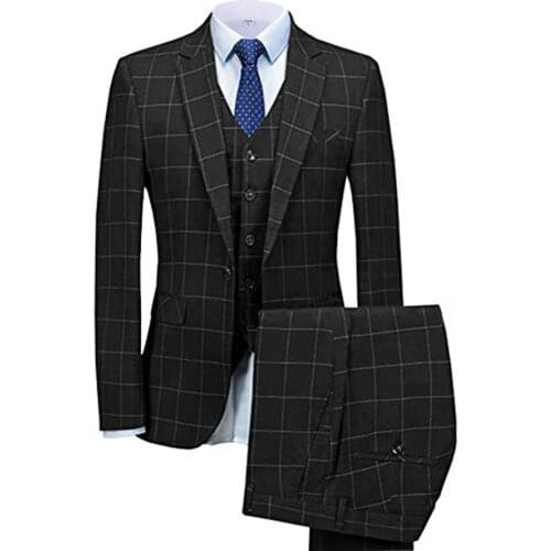 Grey/Black Men Suit Slim Fit 3 pieces Plaid Notched Lapel Tuxedos Groomsmen Wedding Suits Men 2019 (Jacket+Pants+Vest)