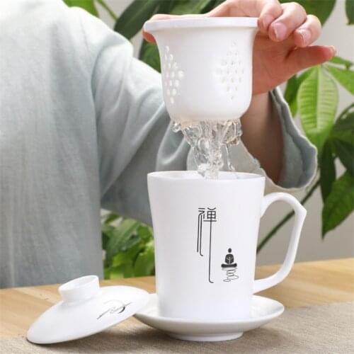 Creative Simple Filter Teacup Ceramic Single Kung Fu Office Water Mug with Cover Tea Set Household White Porcelain Tea Cup Gift