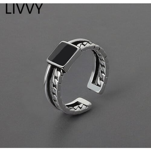 LIVVY Silver Color Black Stone Open Double Ring For Women Couple Vintage Fashion Handmade Jewelry Gift