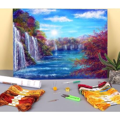 Natural Scenery Blue Lagoon Printed Canvas 11CT Cross-Stitch Kit DIY Embroidery DMC Threads Handmade Painting Magic