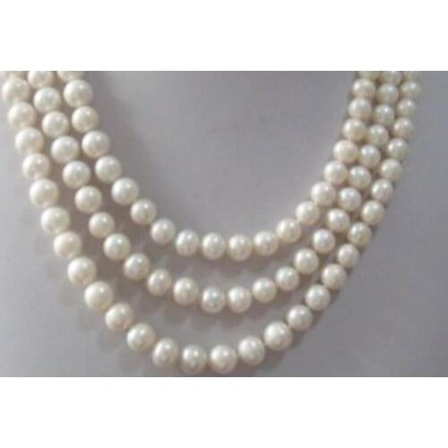 Triple strands 9-10mm south sea white natural pearl necklace 18-20" Yellow clasp