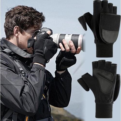 Fashion Non-Slip Winter Leather Gloves Men Fingerless Ski Riding Warm Waterproof Cold-proof Fluff Warm Mittens