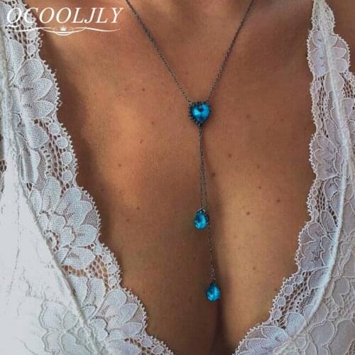 QCOOLJLY 2019 Boho Heart Water Drop Crystal Pendant Necklace for Women Girl Blue Rhinestone Long Charm Necklaces Jewelry Collars