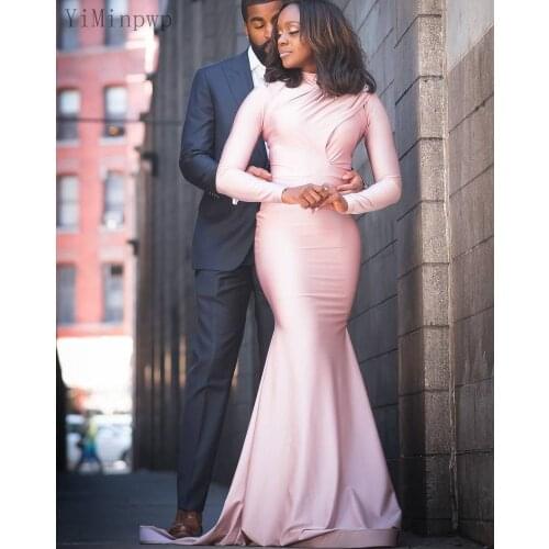 YiMinpwp Pink Mermaid Prom Dresses High Neck Zipper Closure Long Sleeve Sweep Train Simple Formal Women Evening Party Gowns