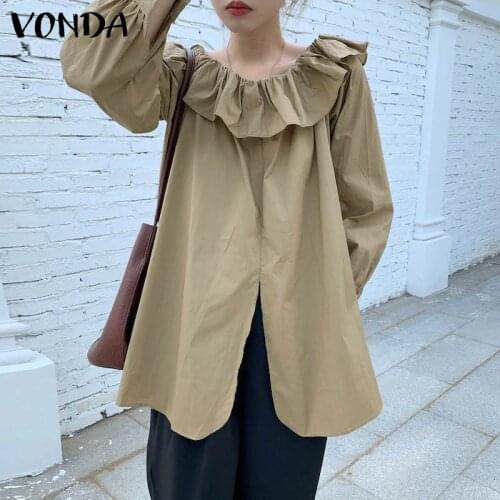 Women'Blouse Vintage Long lantern Sleeve Blouse Office Ladies Bohemian Ruffles Tops 2021 VONDA Casual Solid Tunic