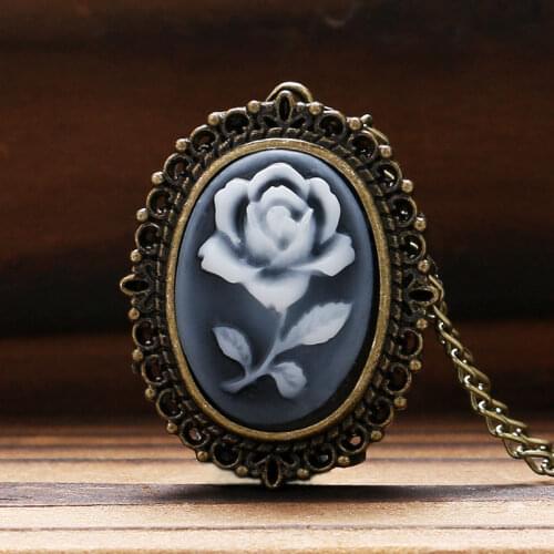Women Retro Quartz Oval Pocket Watch Beauty Elegant Lady Rose Life Tree Statue of Liberty Pattern Pendant Sweater Chain Necklace