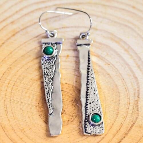 Bohemian Ethnic Silver Color Earrings For Women Featured Green Stone Sickle Serrated Long Drop Earrings Vintage Jewelry H4D231