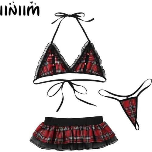 Womens School Girl Cosplay Costume Plaid nipples splits Fancy Dress Up Bra Top with Mini Ruffled Skirt and Briefs Sexy Clubwear