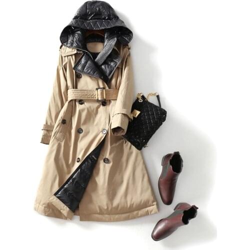 2020 High Quality Trench Jacket Winter Womens Hooded White Duck Down Jacket Thick Warm Long Down Parka Windbreak Coat With Belt