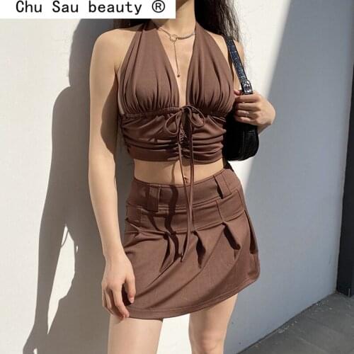 2021 New Ins Deep V-Neck Backless Sexy Halter Top Summer Y2K Ruched Crop Tops Tie Up Fashion Tank Top Streetwear Female
