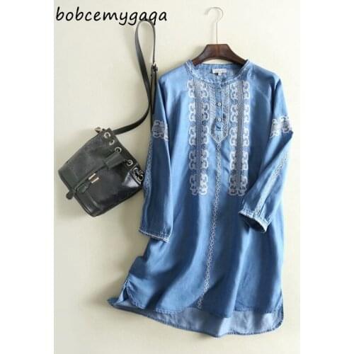 Blue Embroidery Jeans Dress Women O Neck Long Sleeve Floral Denim Dress Work Office Dress Casual Summer Spring Dress Mujer