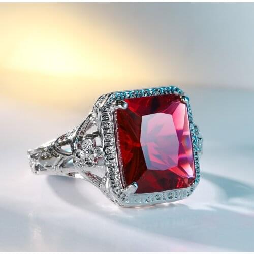 Hollowing Out Carving Flowers Wedding Rings for Women 925 Silver Bridal Engagement Ring Red Square Ruby Elegant Luxury Bijoux