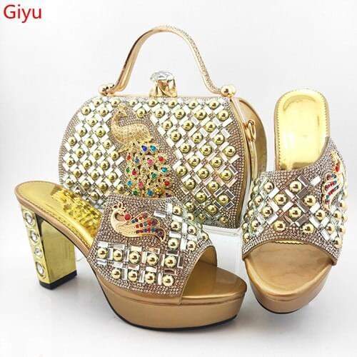 Doershow new gold Shoes And Bags To Match Set High Quality Women Shoes And Bag Sets Italian Shoes And Bag Set For Party!!SYG1-17