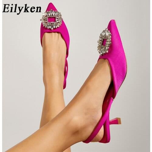 Eilyken Fashion Brand Crystal Buckle Designer Shoes Women Low Thin Heels Sandals Pointed Toe Slingback Slip On Mules Dress Pumps