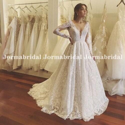 Elegant V-Neck Lace Wedding Dress Sheer Long Sleeves Plus Size Bridal Gowns For Bride To Be 2021 New Sweep Train Bridal Dresses