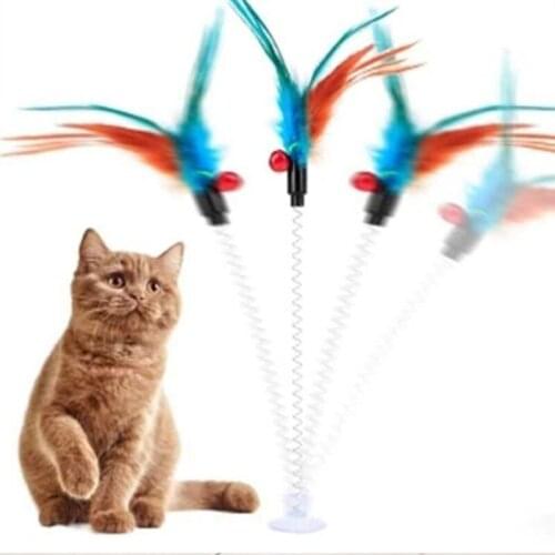 1PC Random Color Spring Mouse Feather Cat Toys Elastic With Bell Bottom Sucker Attracts Attention Funny Pet Play Supply