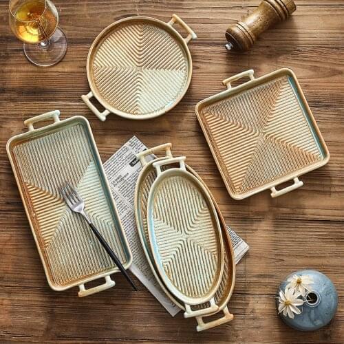 Baking microwave oven ceramic baking plate cheese baked rice plate steak plate double ear baking plate ceramic plate