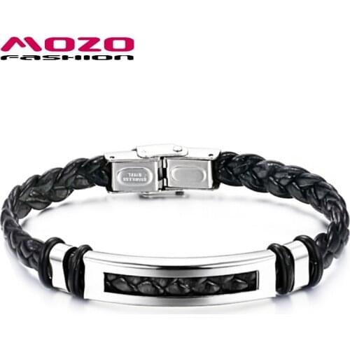 MOZO FASHION Hot sale Unisex Trendy Casual Jewelry Black Leather Braided Rope Stainless Steel Buckle Charm Bracelets Gifts P766