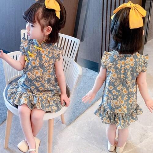 2021 Girls Cheongsam Summer Chinese Style Dress Tang Suit Floral Skirt Retro High Collar Button Straight Dress Children Clothes