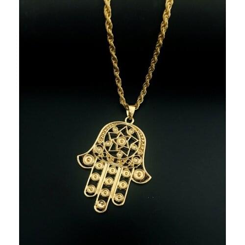 Arabic pendant necklace, Fatima necklace gold jewelry Islamic Arabia, five-pointed star, palm shape