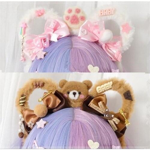 Handmade Lolita Plush Bear Ears Bow Hair Band Hair Accessories Kawaii Girl Cosplay KC Headband Hair hoop B1366