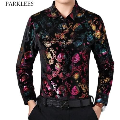 Shiny Floral Print Velvet Dress Shirts Men Slim Fit Long Sleeve Stylish Velour Shirt Mens Social Casual Party Prom Chemise Homme