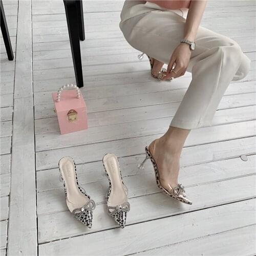 Transparent Women Sandals Bow Thin High Heels Back Strap Leopard Design Pointed Toe Ladies Slides Sandals Pumps Brown/Black