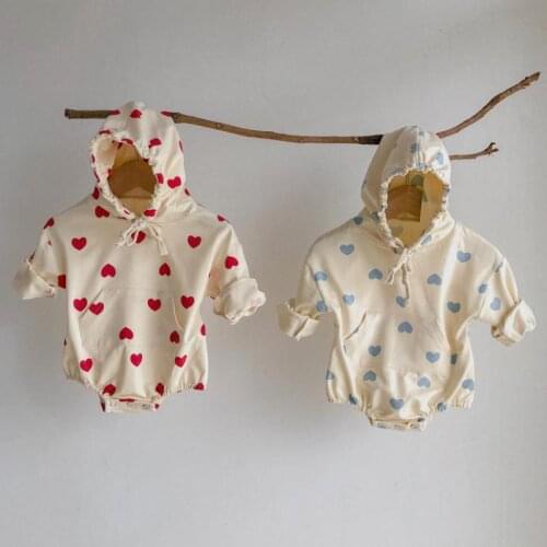 Spring Autumn Fashion Hooded Long Sleeve Baby Bodysuit For Boys Girls Clothes Love Heart Print Newborn Jumpsuit Baby Clothing