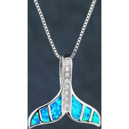 Cute Fish Tail Pendant Blue Fire Opal Necklaces For Women Luxury Jewelry Vintage Fashion Birthstone Silver Color Animal Necklace