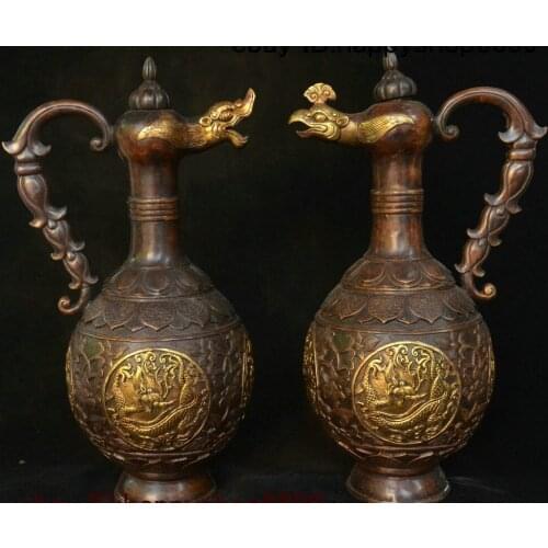 Old China Bronze Gilt Dragon Phoenix Head Loong Wine Tea Pot Flagon Teapot Pairs