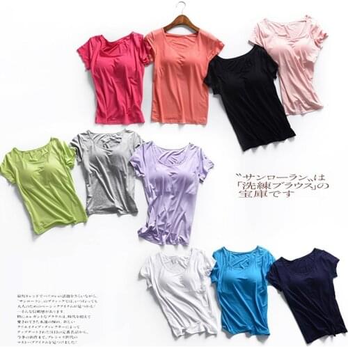 Women Summer New Short Sleeve T-shirt M-XXL Soft Solid Modal Sleep Top Flexible Basic T shirts With Bra Casual O-Neck Tee Shirt