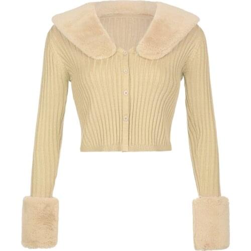 Women Autumn Long Sleeve Knitted Cardigan Fluffy Plush Patchwork Lapel Collar Buttons Sweater Coat Solid Color Slim Fit Crop Top