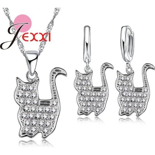 Women Animal 925 Sterling Silver Drop Earrings & Necklace Pendant Party Accessories Cat Shinning Crystal Jewelry Sets