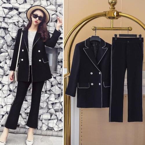 Spring Autumn 2019 High Quality Casual Solid Women Pant Suits Double-breasted Blazer Jacket & Pencil Pant Female Suit Black Sets
