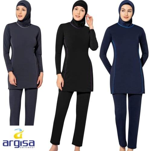 Argisa 7550 Long-Sleeve Solid Color Flexible Full Burkini Muslim Swimwear 36-52 Plus Size Hijab Islamic Swimsuit Fashion Turkey Women