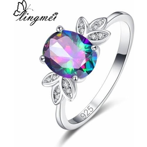 Lingmei New Comes Oval Multi & Sea Blue Cubic Zircon Silver Color Ring Size 6-9 Simple Fashion Lovely Women Party Jewelry