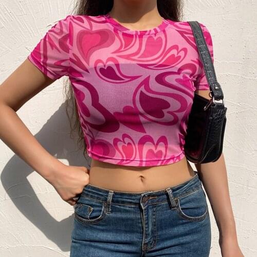 2021 Summer Fashion Korean Pink Heart Printed Crop Tops Kawaii 90s Harajuku Aesthetics Mesh Sexy Womens Y2k T-shirt Streetwear