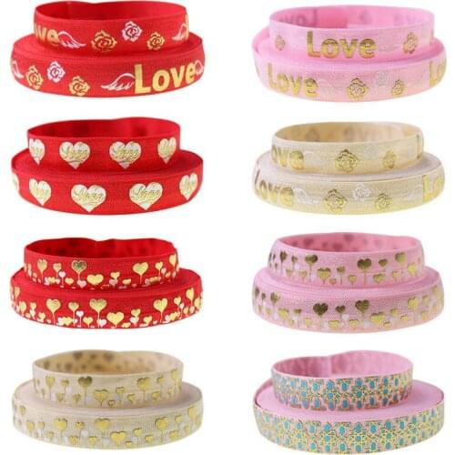 5/8'' Gold Foil Fold Over Elastic Hair Band For Valentines Day Love and ink heart printed Headband HAIR TIES DIY 100yards/lot