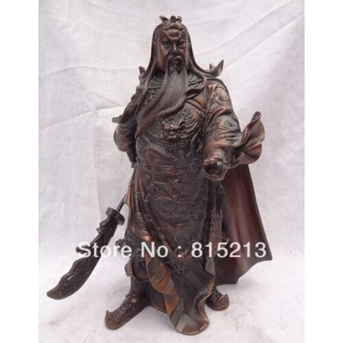 Bi0050 11" Chinese Pure Bronze Dragon Head Warrior Yi GuanGong GuanYu Up Hand Statue