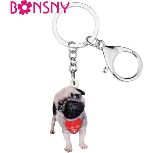 Bonsny Acrylic Lovely Pug Dog Keychains Keyring Cute Pet Animal Key Chain Jewelry For Women Girls Kids Birthday Gift Accessories