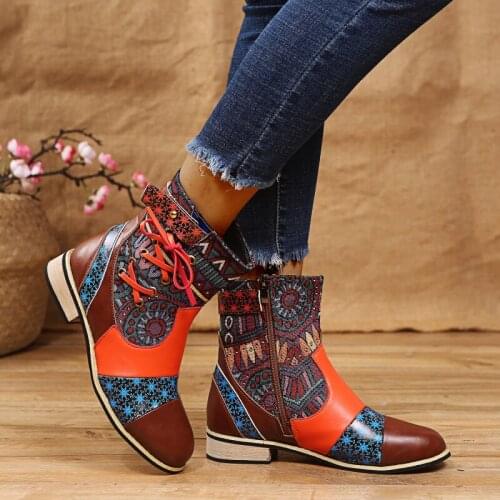 Womens Shoes Autumn Ankle Boots Fashion Pu Leather Zipper Ladies Botas Fashion Print Female High Heels Woman Patchwork Footwear