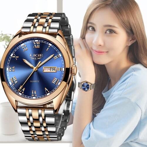 LIGE 9904 Fashion Women Blue Elegant Dress Casual Quartz Watch Ladies Luxury Stainless Steel Waterproof Simple Wristwatches