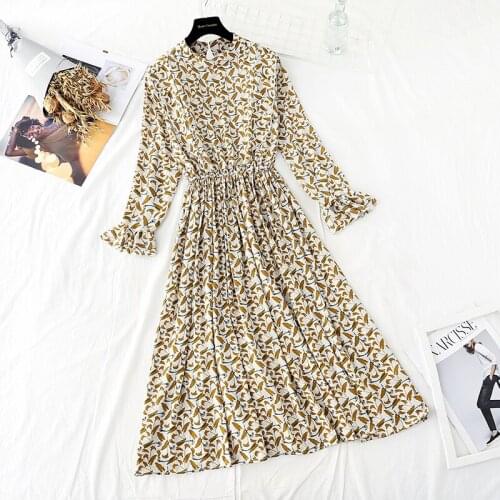 Elegant Floral Print Women Autumn Dress Sexy Round neck Full Sleeve Female Long Dresses 2021 Spring Chiffon Vestidos