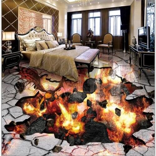 Beibehang Custom floor painting 3D Spitfire fire burning Flames crack 3D three-dimensional self-adhesive to flooring painting